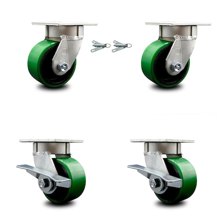 4 Inch Kingpinless Green Poly On Steel Wheel Caster Swivel Locks 2 Brakes, 2PK